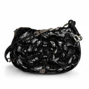 Brighton Black Leather Floral Shoulder Bag with Silver Accents